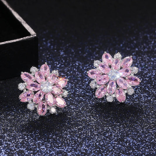 Flower Shape Pink & White Crystal Earrings-Maryam Jewelry
