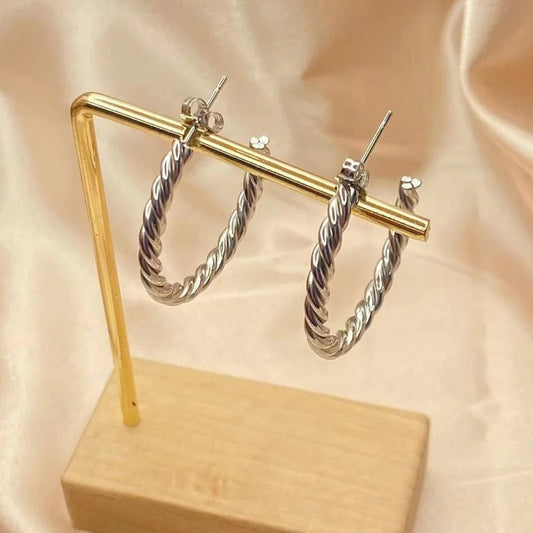 Vintage Twisted Silver Hoop Earrings-Maryam Jewelry