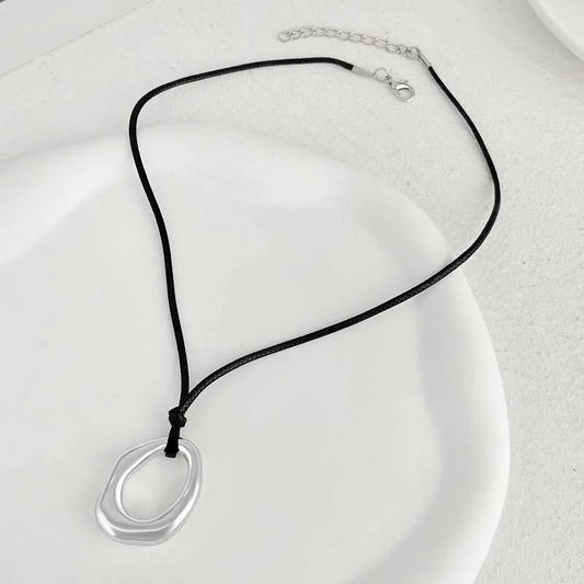 Silver Abstract Shape Pendant & Black Cord Necklace-Maryam Jewelry
