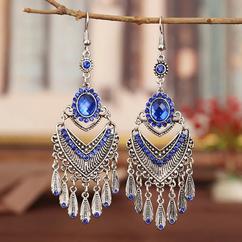 Vintage Silver & Blue Crystal Tassel Earrings-Maryam Jewelry
