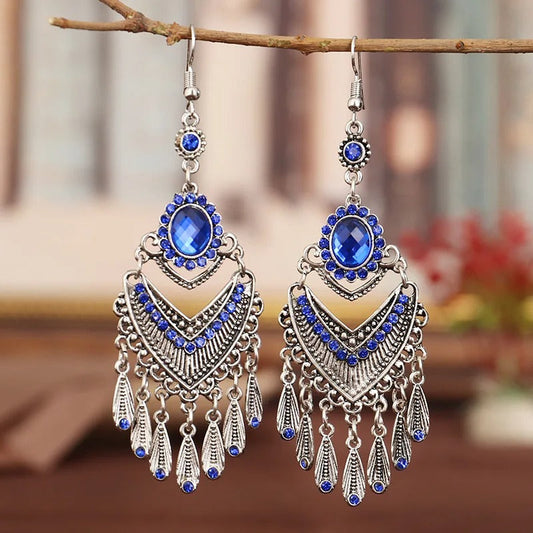 Vintage Silver & Blue Crystal Tassel Earrings-Maryam Jewelry