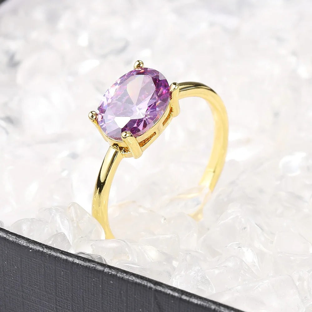 Gold Radiant Oval Purple Gem & Polished Band Ring-Maryam Jewelry