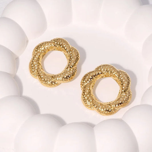 Vintage Gold Hammered Flower Hoop Earrings-Maryam Jewelry