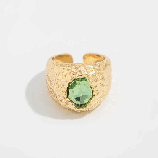 Gold Green Gemstone Textured Adjustable Ring-Maryam Jewelry
