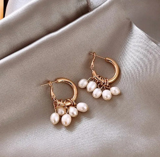 Vintage Gold & Pearl Drop Hoop Earrings-Maryam Jewelry