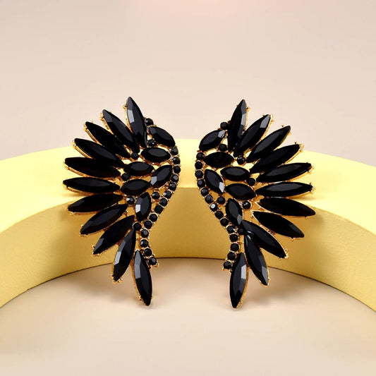 Vintage Black Wing Crystal Gold Earrings-Maryam Jewelry