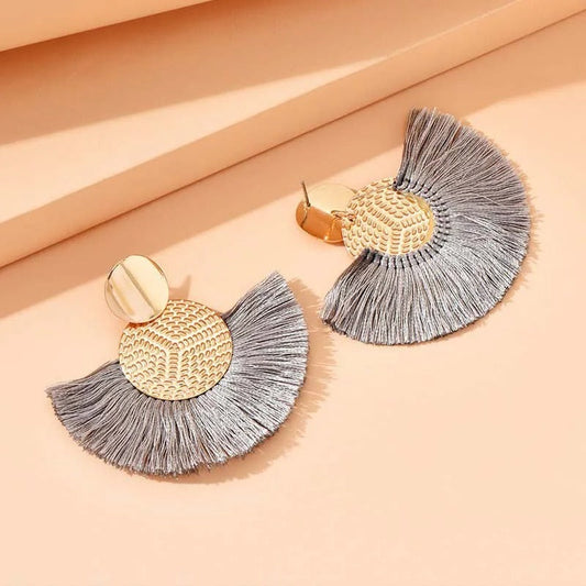 Gold Circular Top Silver Fringed Earrings-Maryam Jewelry