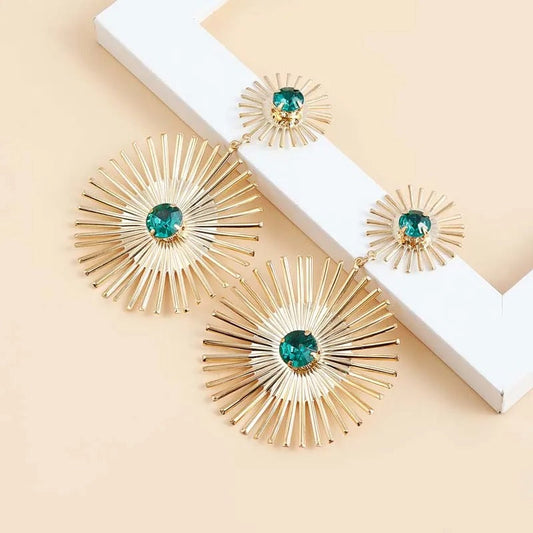 Gold Sunburst Turquoise Long Spikes Earrings-Maryam Jewelry