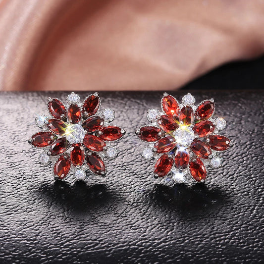 Red Petal Flower Crystal Earrings-Maryam Jewelry