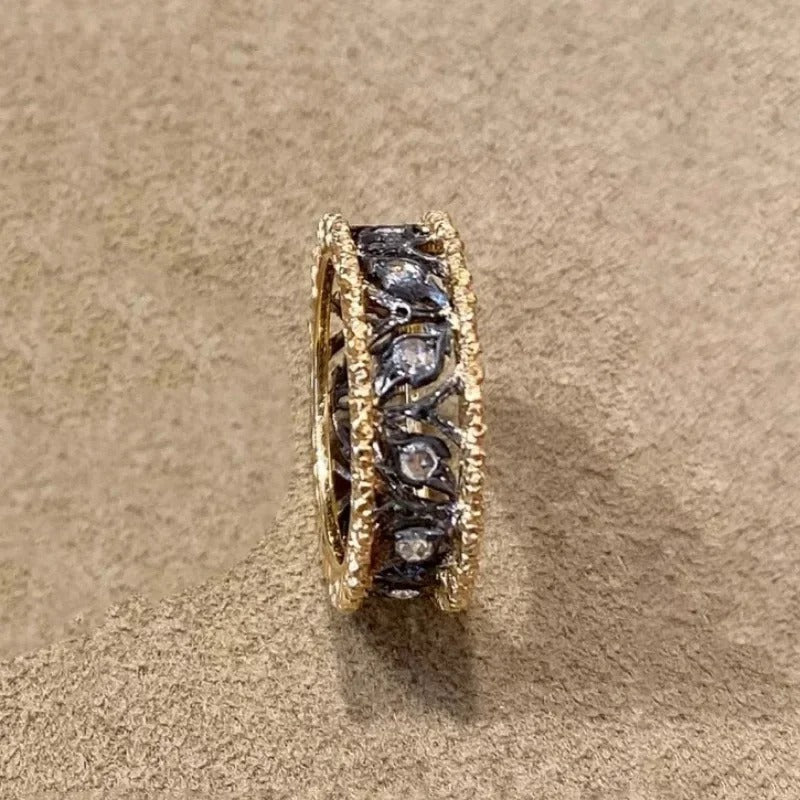 Vintage Gold & Black Carved Leaf Hollow Adjustable Ring-Maryam Jewelry
