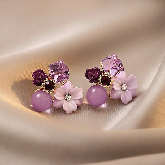 Vintage Floral & Crystal Lavender Earrings-Maryam Jewelry