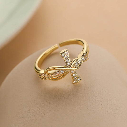Gold Twisted Cross Resizable Ring-Maryam Jewelry