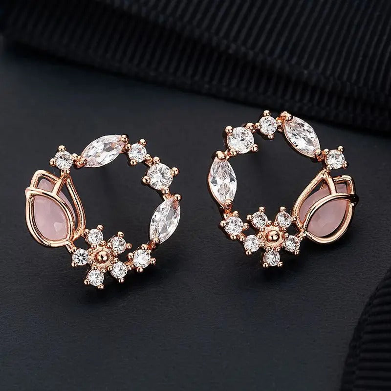 Rose Gold Crystal Flower Earrings-Maryam Jewelry