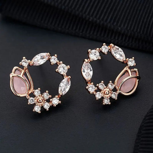 Rose Gold Crystal Flower Earrings-Maryam Jewelry