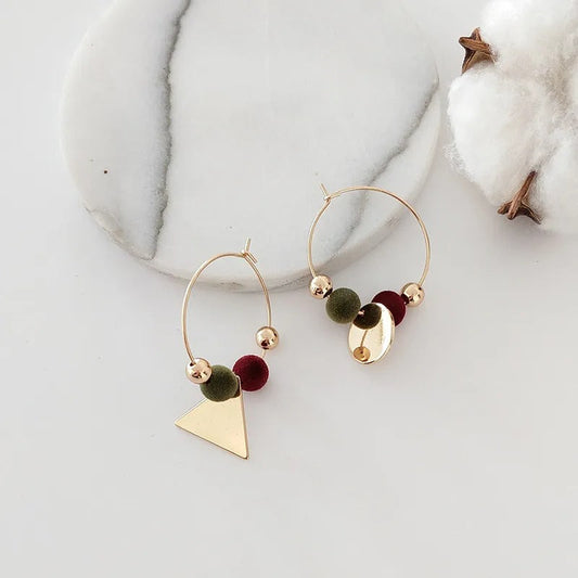 Gold Triangle & Velvet Beads Hoop Earrings-Maryam Jewelry