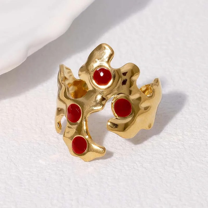 Vintage Gold Abstract Red Accent Adjustable Ring-Maryam Jewelry
