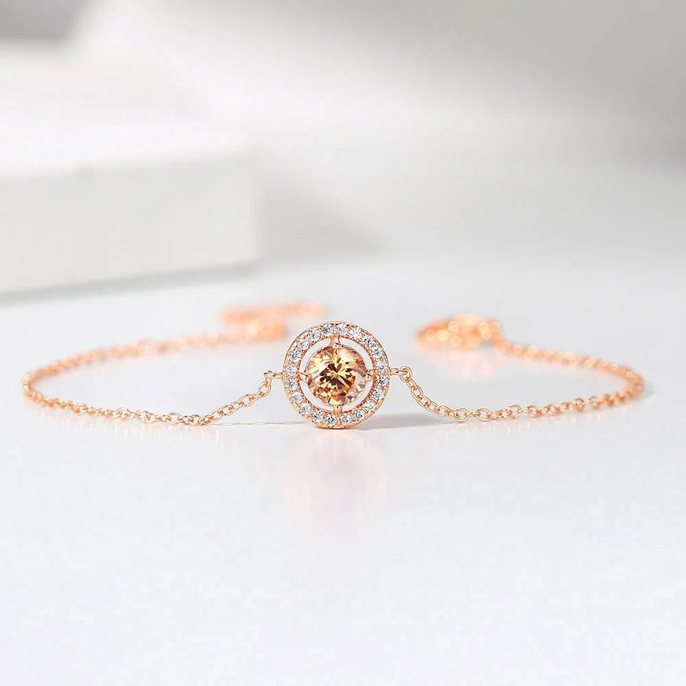 Classic Rose Gold Round Orange Gem & Sparkling Border Bracelet-Maryam Jewelry