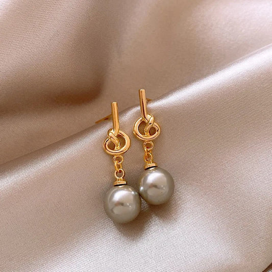 Gold Hoop & Grey Pearl Drop Earrings-Maryam Jewelry