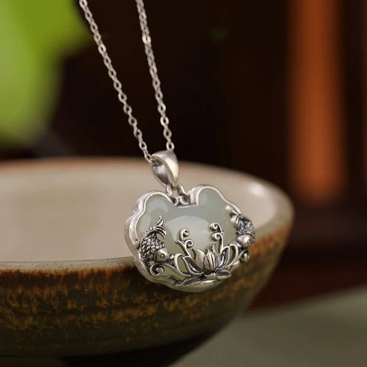 Vintage Silver Fish-Shaped Lotus Flower Necklace-Maryam Jewelry
