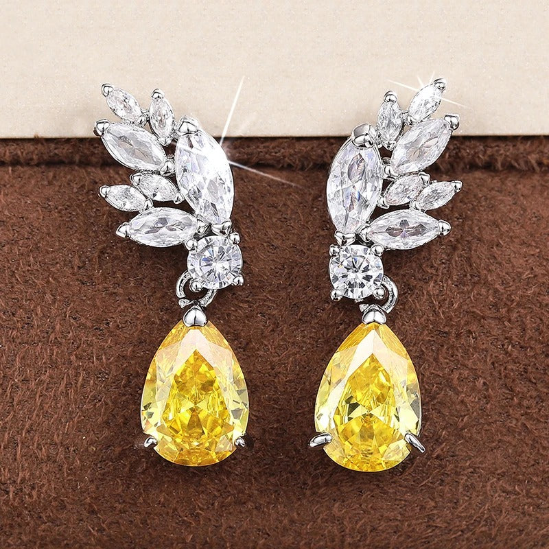 Bright Yellow Pear Zirconia Dangle Earrings-Maryam Jewelry