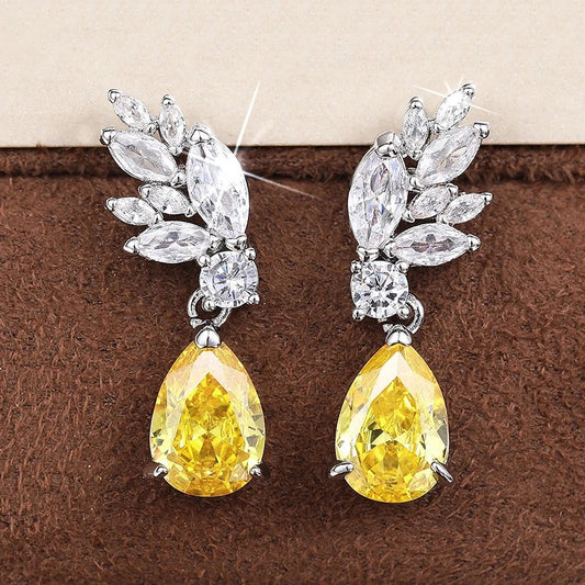Bright Yellow Pear Zirconia Dangle Earrings-Maryam Jewelry