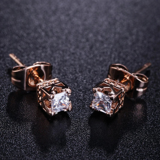 Rose Gold Princess-Cut Crystal Crown Earrings-Maryam Jewelry