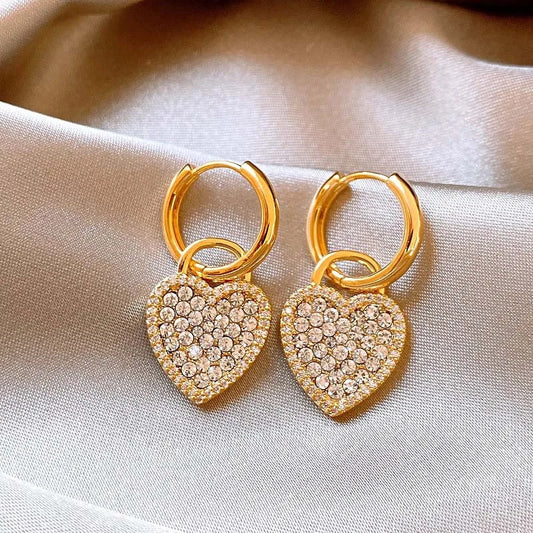 Vintage Gold Crystal-Studded Heart Hoop Earrings-Maryam Jewelry