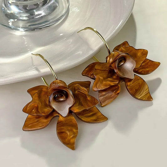 Gold Flower Brown Petals Hoop Earrings-Maryam Jewelry