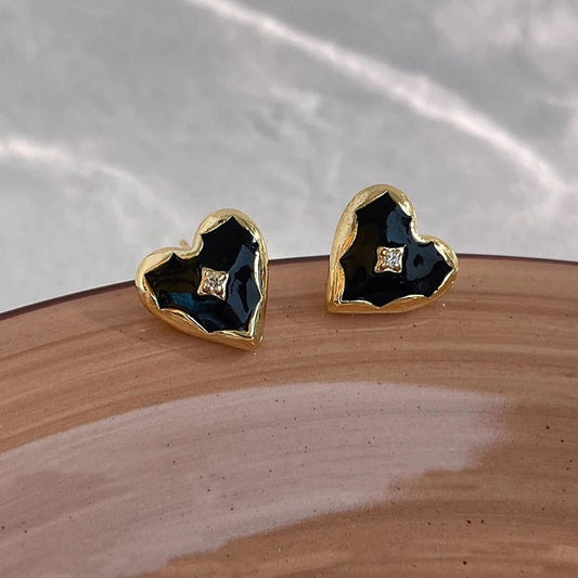 Gold Black Heart Diamond Stud Earrings-Maryam Jewelry