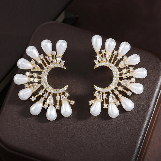 Gold Vintage Pearl Teardrop Moon Earrings-Maryam Jewelry