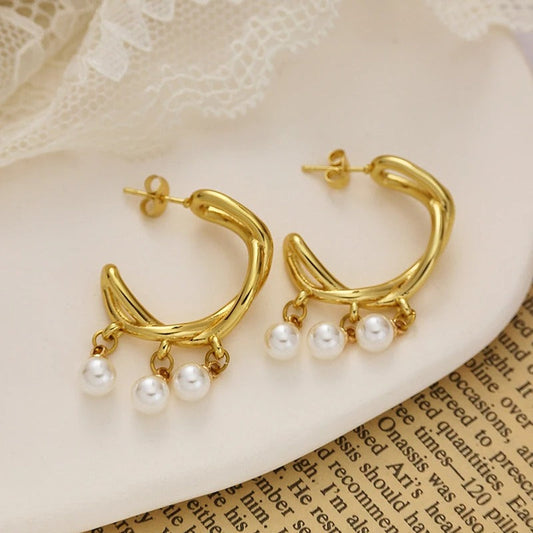 Gold White Pearl Charm Hoop Earrings-Maryam Jewelry