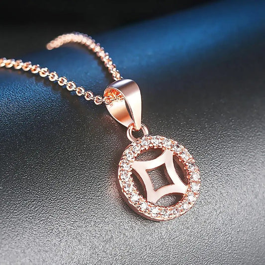 Classic Rose Gold Crystalline Circle Pendant Necklace-Maryam Jewelry