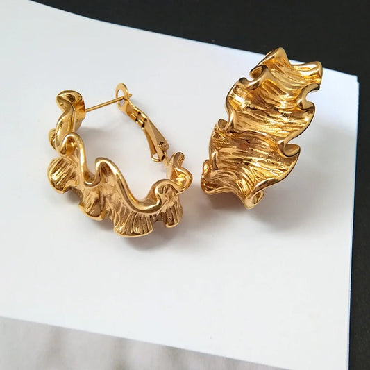 Gold Ruffled Wavy Hoop Earrings-Maryam Jewelry