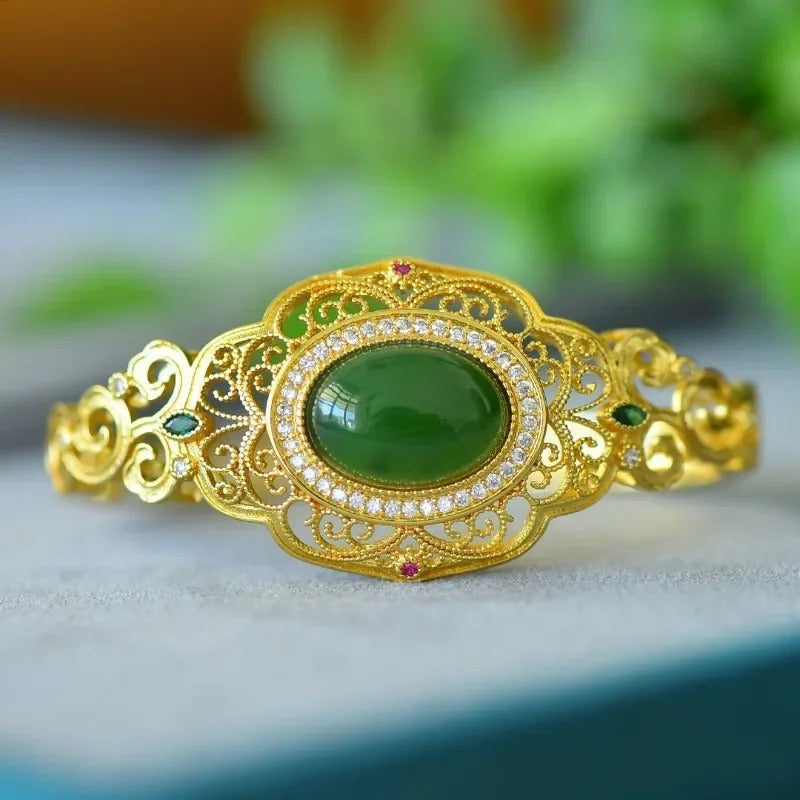 Timeless Gold Green Gem & Scrolling Floral Design Bracelet-Maryam Jewelry