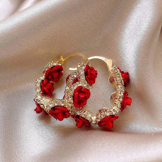 Gold Rose Crystal Hoop Earrings-Maryam Jewelry