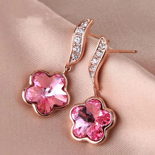 Sparkling Pink Crystal Charming Floral Earrings-Maryam Jewelry
