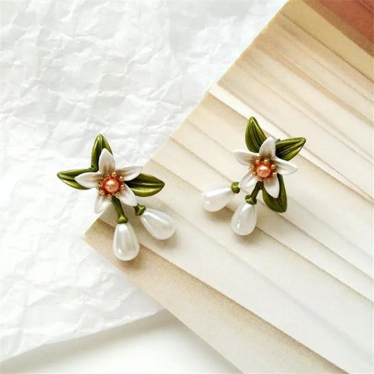 White Flower Pearl Drop Earrings-Maryam Jewelry
