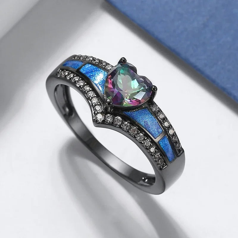 Black Heart-Shaped Gem & Blue Enamel Ring-Maryam Jewelry
