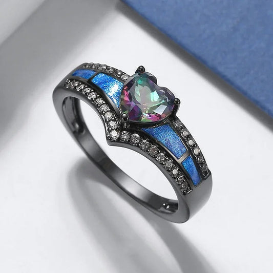 Black Heart-Shaped Gem & Blue Enamel Ring-Maryam Jewelry