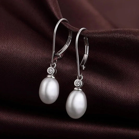 Oval Pearl Dangle Silver Earrings-Maryam Jewelry