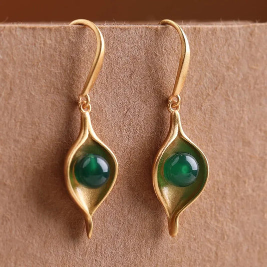 Classic Gold Oval Green Gemstone Leaf Dangle Earrings-Maryam Jewelry