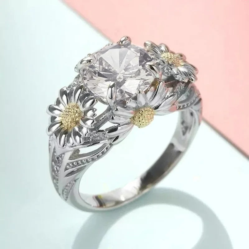 Vintage Yellow Sunflower & Silver Ring-Maryam Jewelry