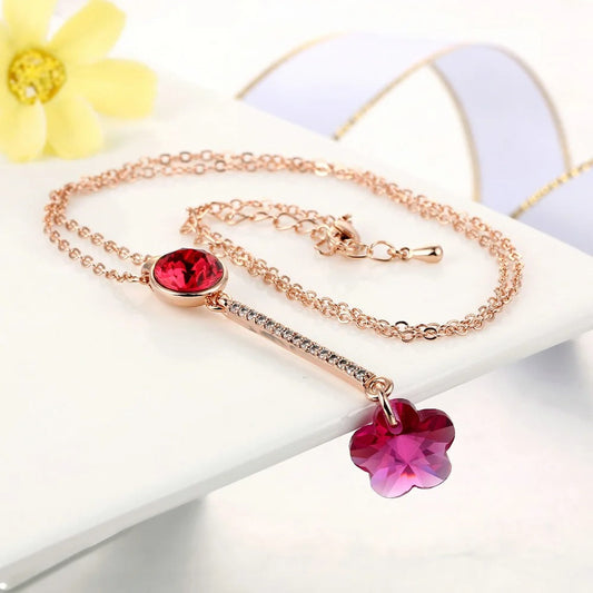 Vintage Rose Gold Red Crystal & Flower Pendant Necklace-Maryam Jewelry