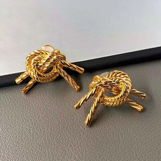 Vintage Gold Knotted Rope Design Earrings-Maryam Jewelry