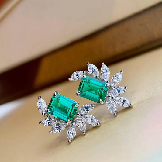 Green Rectangular Gemstone & Sparkling White Petal Earrings-Maryam Jewelry