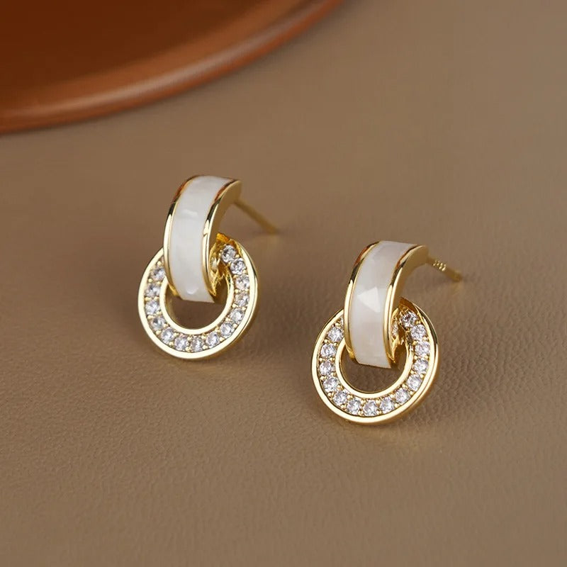 Gold & White Sparkling Crystal Hoop Earrings-Maryam Jewelry