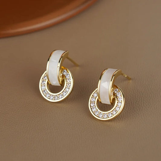 Gold & White Sparkling Crystal Hoop Earrings-Maryam Jewelry