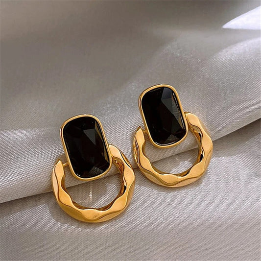 Gold & Black Oval Gemstone Hoop Earrings-Maryam Jewelry