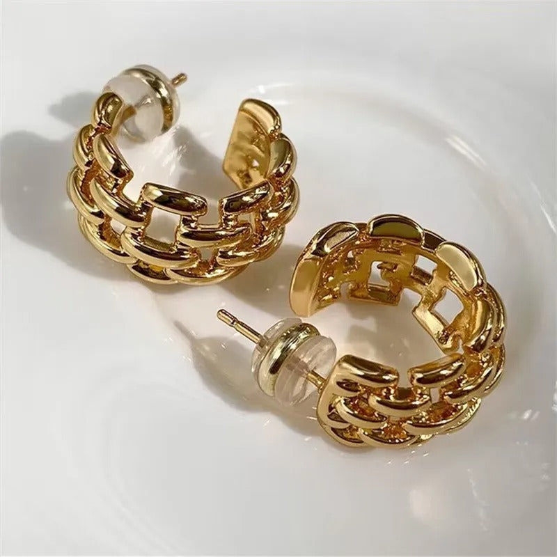 Retro Gold Chunky Hoop Design Earrings-Maryam Jewelry