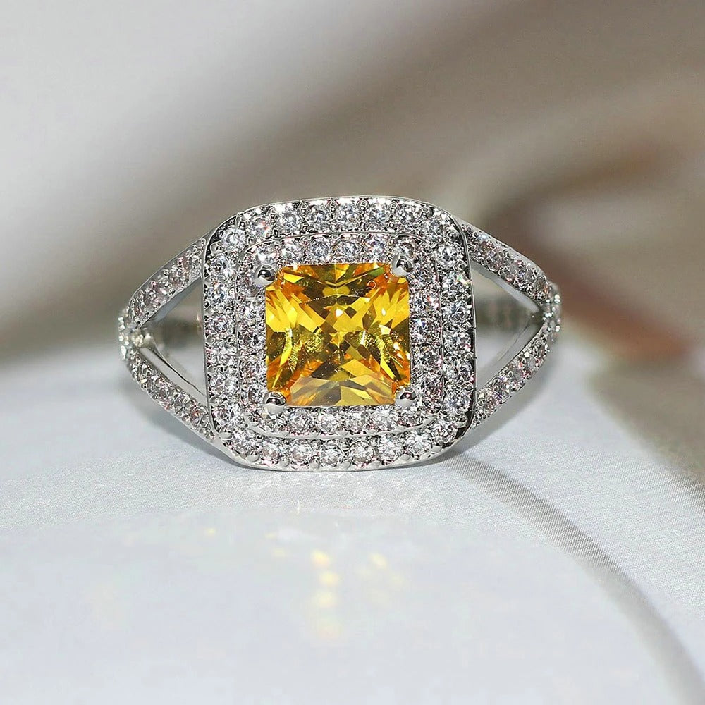 Classic Yellow Gem & Silver Vintage Halo Ring-Maryam Jewelry